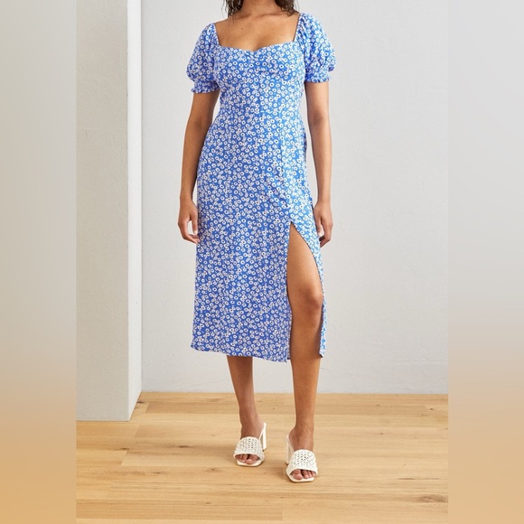 GAP Blue Ditsy Floral Puff Sleeve Smocked back Midi Dress size Extra Large - Picture 1 of 12